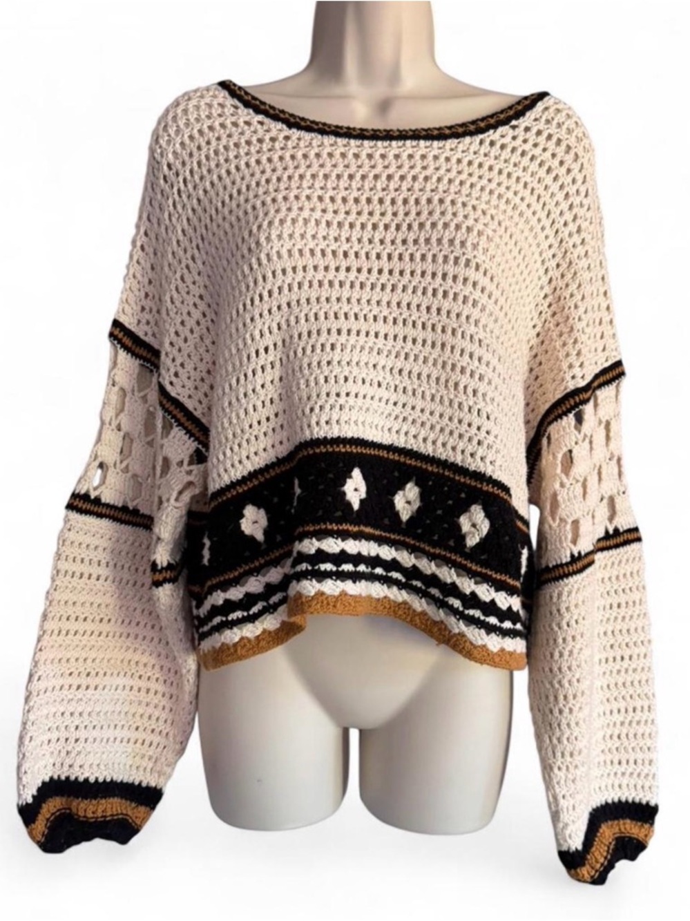 MOTHER The Bell Sleeve Cream Crochet Pull Over Sweater Sand Dune XS EUC